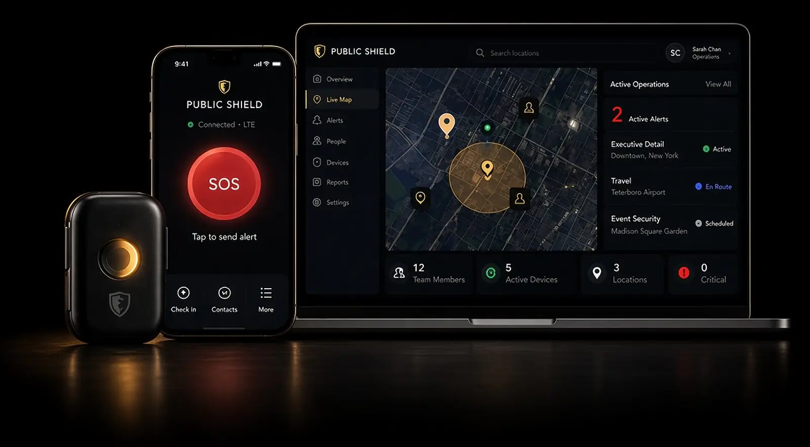 Public Shield LTE panic button, Black app on a smartphone, and the command portal on a laptop
