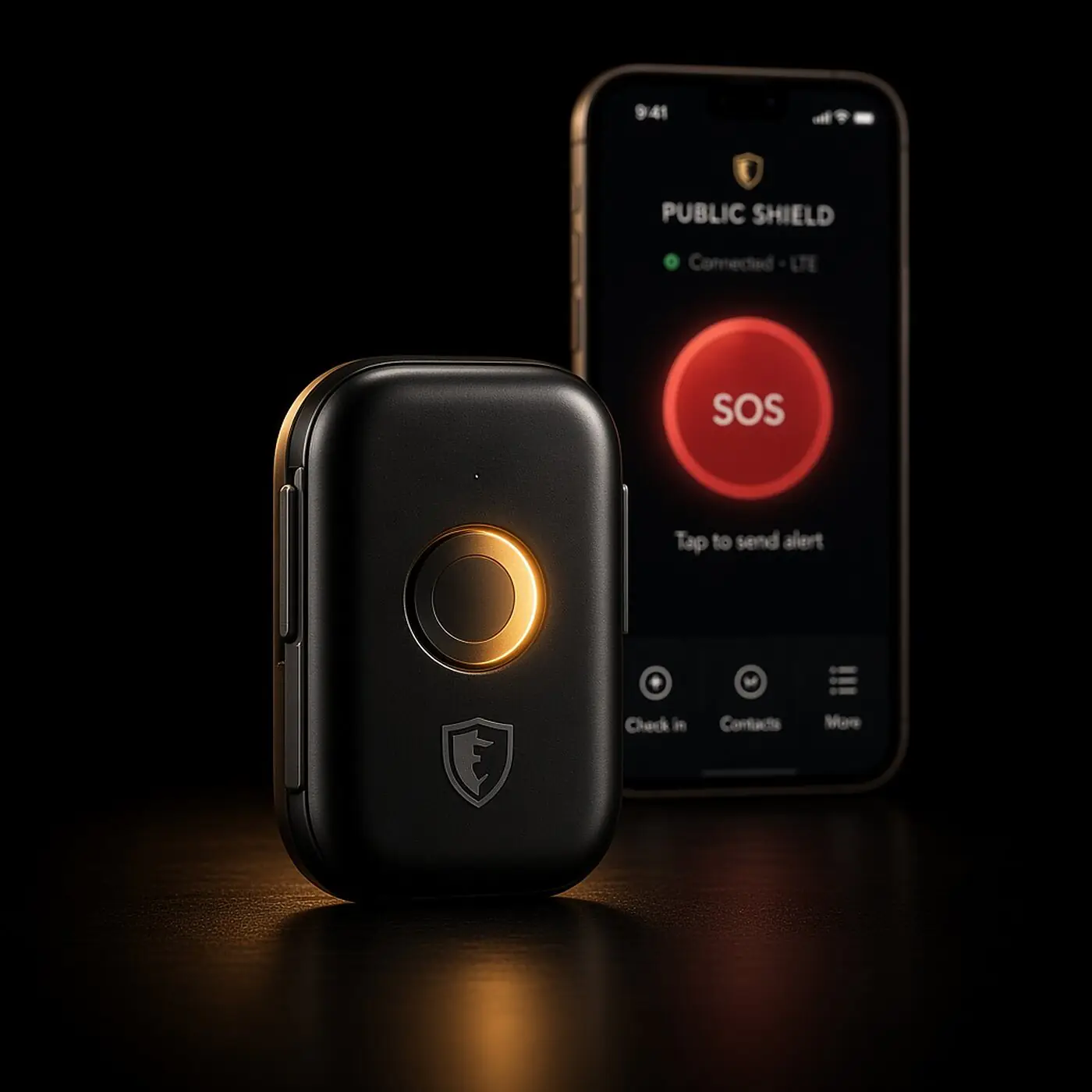 The Public Shield LTE panic button with the Black app on a smartphone behind it
